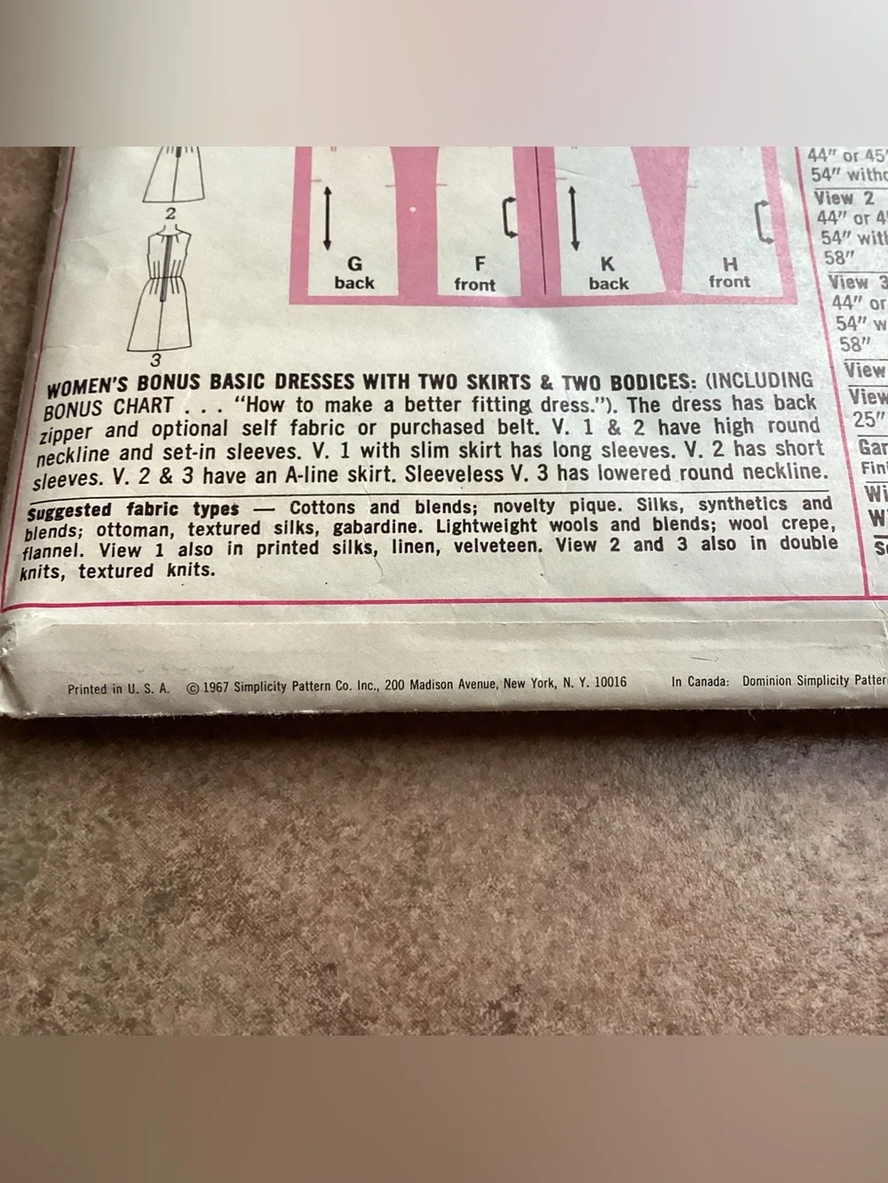 Vintage 1967 Simplicity 7501 Sewing Pattern Women's Basic Dresses, 60s